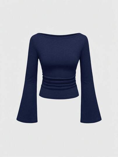 ROMWE Goth Sexy Boat Neck Bell Sleeve Solid Color Tight Fit Women's T-Shirt