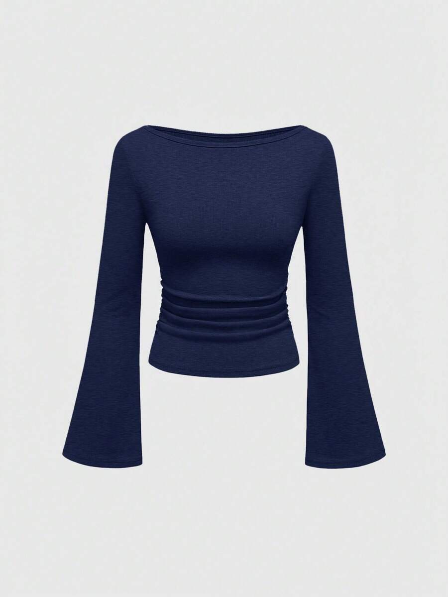 ROMWE Goth Sexy Boat Neck Bell Sleeve Solid Color Tight Fit Women's T-Shirt - Navy Blue - View 1