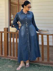 Dazy Plus Fashionable Washed Vintage Distressed Collar Open Front Cinched Waist Long A-Line Denim Dress, Spring/Autumn - Dark Wash - View 4