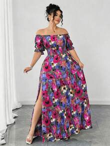 SHEIN Elenzya 大码女士浪漫抽象油画渐变花卉印花露肩泡泡袖褶皱腰身层叠荷叶边下摆S形下摆优雅约会度假乡村风中长连衣裙 - 玫紅色 - 查看 7