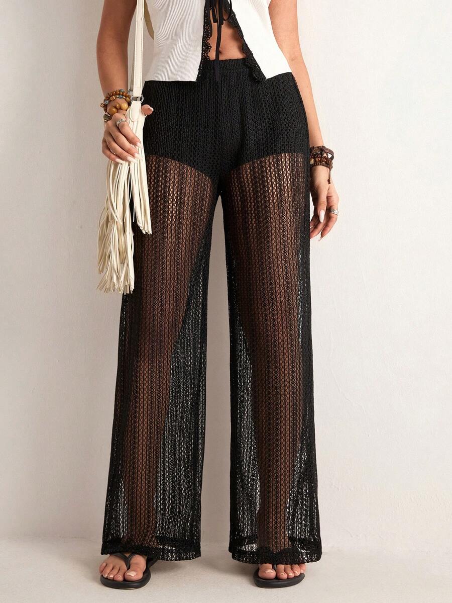 Freevana Quần ống rộng dệt kim xuyên thấu màu đen phong cách Bohemian, quần ống rộng cạp cao họa tiết hoa lưới, quần casual gợi cảm kiểu nghỉ dưỡng dành cho nữ. - màu đen - Xem 1