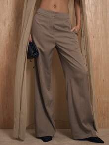 MUSERA Mid Waist Pleated Side Pocket Straight Leg Trousers Coord Trousers Only Winter NewYear Cute Sexy Going Out Evening Party Accented Valentines Day - Grey - View 2