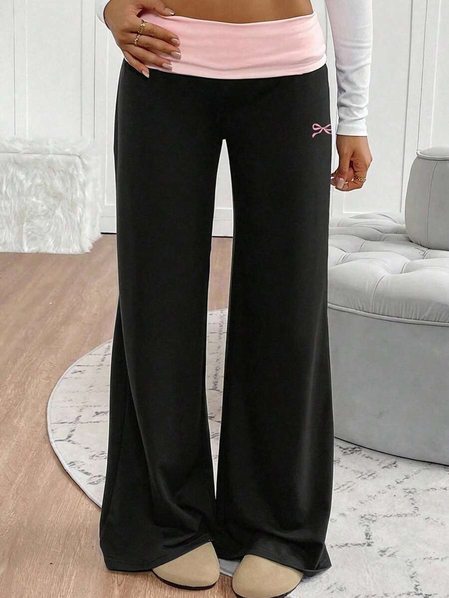 SHEIN Quần dài nữ tuổi teen phối màu đen và hồng tương phản, họa tiết bướm, thích hợp mặc hàng ngày. - màu đen - Xem 1