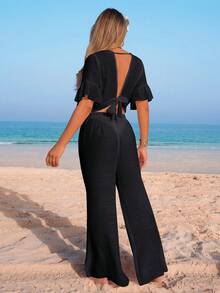 Swim Vcay Solid Backless Tie Front Crop Top & Wide Leg Pants Vacation Beach Co-Ord Set Casual Two Piece Set Summer 2 Piece Sets Woman Women Two Piece Outfits Two Piece Set Women Vacation Beach 2 Piece Set - Black - View 3