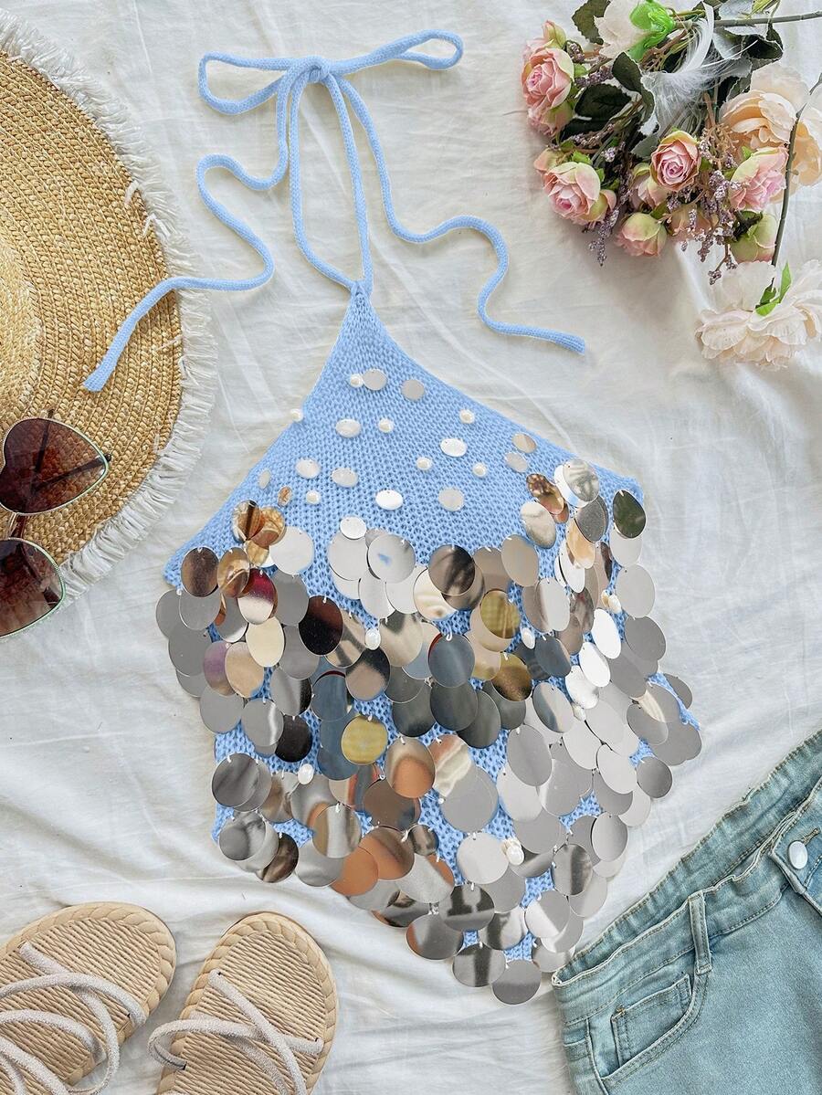 Elamini Sexy Versatile Vacation Style Beaded Halter Knit Top - Blue - View 1