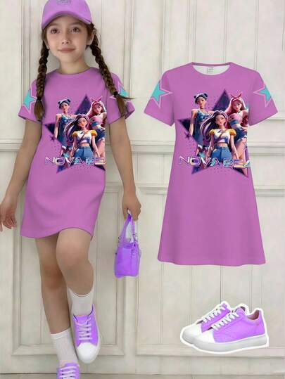 Young Girls' Casual Fashionable Creative Personalized Refreshing Minimalist Cute Cool Virtual Girl Group Colorful Pentagram Star Pattern Letter Slogan Print Comfortable Short Sleeve T-Shirt Dress, Cozy Summer And Fall Styles For Young Girls