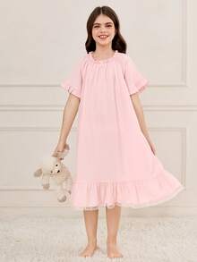 SHEIN Tween Girl Round Neck Short Sleeve Ruffle Trim Midi Dress - Pink - View 5