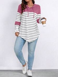 SHEIN LUNE 春季加大码条纹撞色连帽长袖T恤，带抽绳 - 粉色 - 查看 4