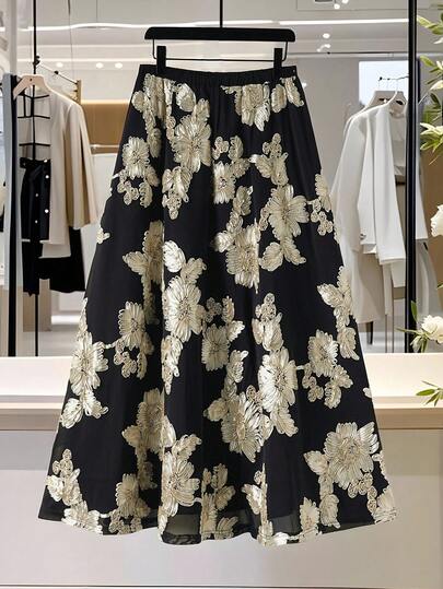 Modelyn Plus Size Women Elegant Casual Embroidered Textured A-Line Skirt, Spring/Summer