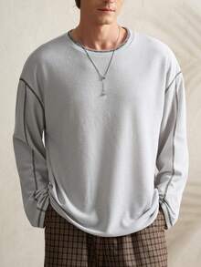 Airaco Men's Casual Contrast Stitch Dropped Shoulder Loose Fit Long Sleeve T-Shirt, Suitable For Spring And Autumn Daily Commute - Grey - View 3