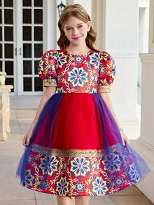 时尚优雅的少女网纱拼接印花短袖连衣裙 - 紅色 - 查看 11