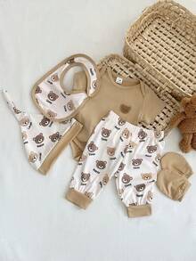 SHEIN 5pcs/Set Newborn Baby Boy Summer Outfit, Includes Cute Bear Print Knit Soft Romper, All-Over Print Pants, Hat, Bib, Gloves - Khaki - View 5