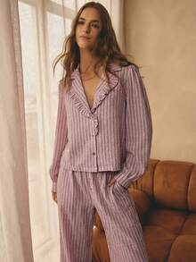Aralina Sleepwear 2pcs Striped Collared Ruffle Neck Long Sleeve Balloon Sleeve Button Down Shirt And Wide Leg Long Pants Matching Set , Cute Cosy Christmas Pajamas - Dusty Pink - View 8