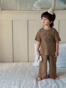 DAZY 男童圆领条纹字母和海星印花短袖上衣和阔腿裤休闲家居服睡衣套装