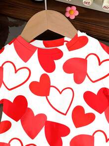 可爱甜美少女粉色爱心图案T恤，休闲简约短袖圆领T恤，适合春夏日常穿着，时尚少女休闲装扮，甜美爱心图案服饰，新款，返校季，情人节氛围 - 彩色 - 查看 5