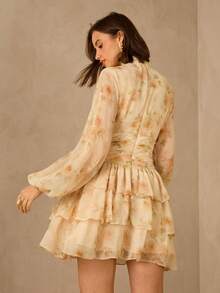 Enchnt Women's Floral Print Ruched Ruched Hem Elegant Cinched Waist Party Cocktail Mini Dress With Stand Collar And Lantern Sleeves - Beige - View 2