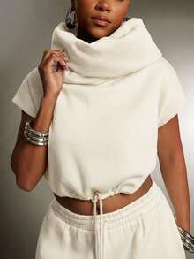 Denimoi 高领连帽多功能毛圈布卫衣上衣 时尚街头风连帽衫 - 米色 - 查看 6