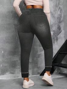 SHEIN SXY Plus Size Women Blue Denim High Waist Distressed Skinny Jeans - Dark Grey - View 2