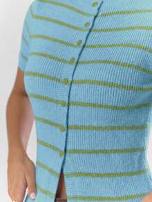 MUSERA Randig Ribstickad Knapp Genomknäppt Kortärmad Topp Mysig Söt Casual Kaffe Klubb Vinter Elegant Kvällsfest - Blå - Visa 4