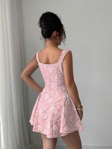 Rafferiza Đầm ngắn nữ mùa xuân/hè dáng regular, cổ rộng, không tay, eo thắt xếp ly, gấu đầm nhún, chất liệu jacquard màu xanh dương, thanh lịch và lãng mạn, thích hợp cho lễ tốt nghiệp, dạ hội, tiệc tùng, lễ hội âm nhạc, kỳ nghỉ. - Màu Hồng baby - Xem 2