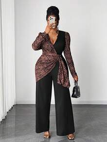 Maweii Bộ jumpsuit dài tay cổ chữ V chéo phối họa tiết da báo dáng rộng thanh lịch dành cho nữ cỡ lớn - Nhiều màu - Xem 3