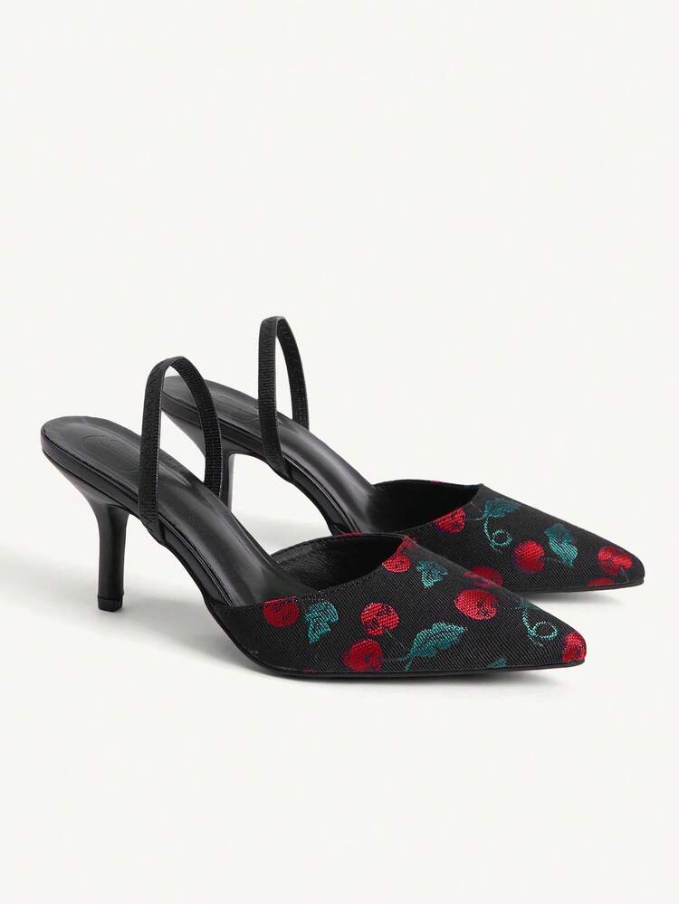 CUCCOO CHICEST Women's Cherry Pattern Pointed Toe Fashion High Heels, Versatile For Daily Wear Valentine's Day Elegant Shoes