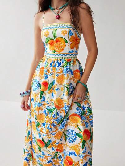 Soleia 女士水果印花无袖中长连衣裙，度假风