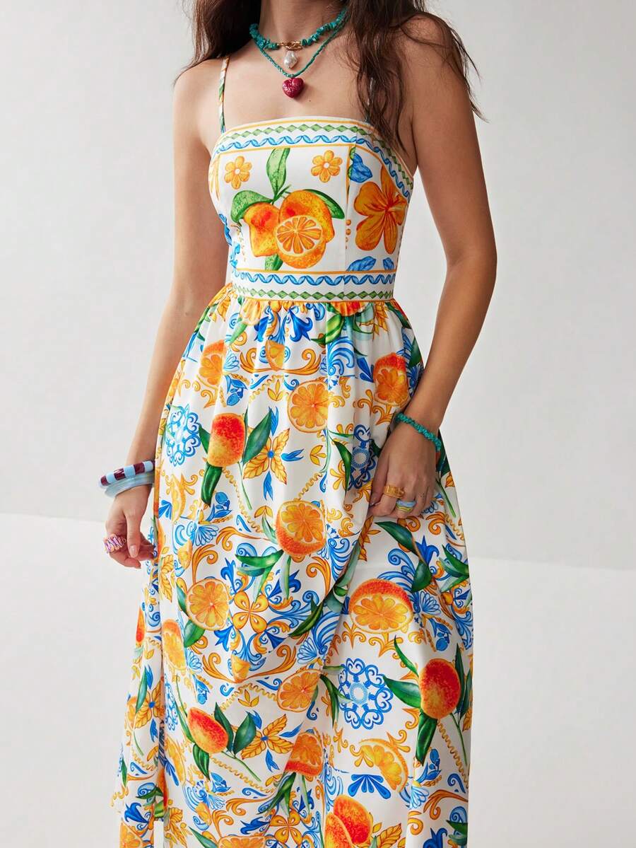 Soleia Beach Outfit For Women  Summer Outfits Vacation Outfits Women  Floral Dress For Women Beach Outfits For Women Vacation Dress  Women's Fruit Print Sleeveless Midi Dress, Vacation Style - Multicolor - View 1