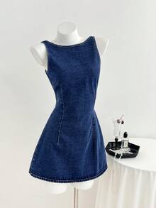 Elamini Sexy Open Back Bow Tie Washed Denim Dress