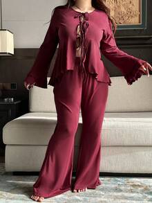 Dazy Plus 2pcs Solid Color Cinched Waist Flare Pants Sleepwear Set, Long Pajama Pants Plus Size Women Spring/Summer - Burgundy - View 2