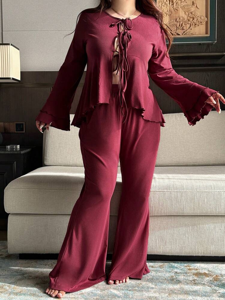 Dazy Plus 2pcs Solid Color Cinched Waist Flare Pants Sleepwear Set, Long Pajama Pants Plus Size Women Spring/Summer