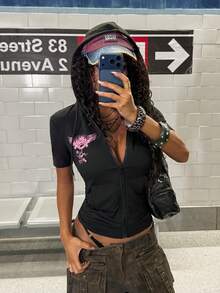 StreetHx Petite Women's Fashionable Pink Printed Hooded Short Sleeve Sweatshirt - Black - View 3