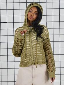 COUREZ Long Sleeve Open Knit Zip Thru Hoodie /Y2K Spring Clothes For Women Street Streetwear Cute Hoodies Going Out Outfits Party Rave Outfits Summer Tops Summer Outfits - Green - View 5