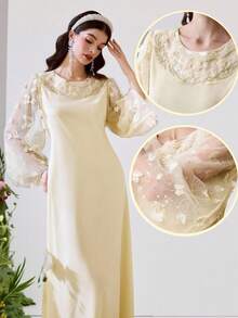 Al Najma Elegant Butter-Yellow Dress In Arabic Style For Women, With A Gorgeous Beaded Embroidered Collar And 3D Butterfly Sequin Embroidery. - Yellow - View 2