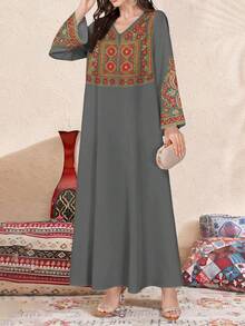 SHEIN Najma 女士优雅阿拉伯风格印花V领长袖连衣裙，春夏必备 - 彩色 - 查看 4