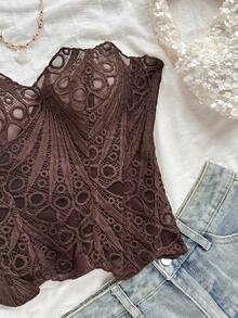 Soleia 加大码欧美年轻度假性感前卫无肩带蕾丝双层紧身胸衣上衣，镂空刺绣连体衣，ins 白色夜店女装，夏季，度假女装，假日女装，海滩女装，狂欢节。 - 棕色 - 查看 5