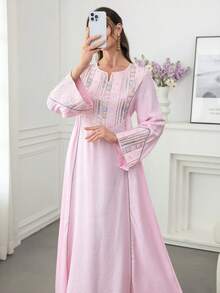 Al Najma Vestido con cuello redondo y mangas acampanadas, con decoración bordada y de lentejuelas, con bajo acampanado, de estilo árabe y colorido - Rosa - Ver 3