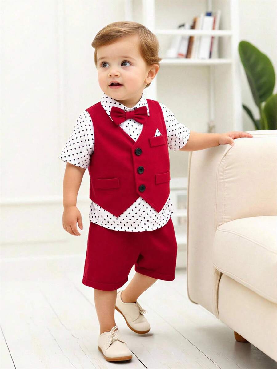 Baby Boy Multicolor Fabric Double Button Vest Shorts Set With Dotted Short Sleeve Shirt And Bow Tie Polka Dot Pattern
