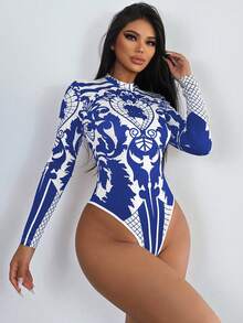 Women's Botanical Printed Stand Collar Bodysuit For New Year Clothes - Blue - View 6