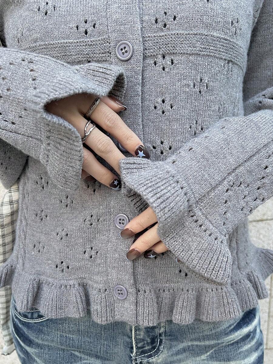FRIFUL Áo khoác cardigan nữ màu trơn khoét lỗ, viền bèo nhún, dáng ôm, phong cách thường ngày. - Xám - Xem 1
