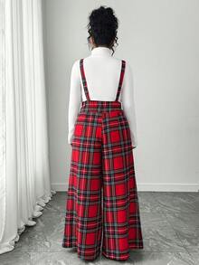 Elenzga Bộ áo liền quần dáng rộng in họa tiết kẻ caro cho nữ cỡ lớn, kiểu dáng thường ngày. - Đỏ - Xem 2