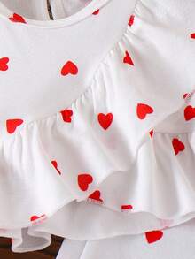 2pcs/Set Baby Girl Knitted Ruffle Design Top & Heart Print Straight Pants Outfit, Fashionable Casual Clothing For Valentine's Day - White - View 6