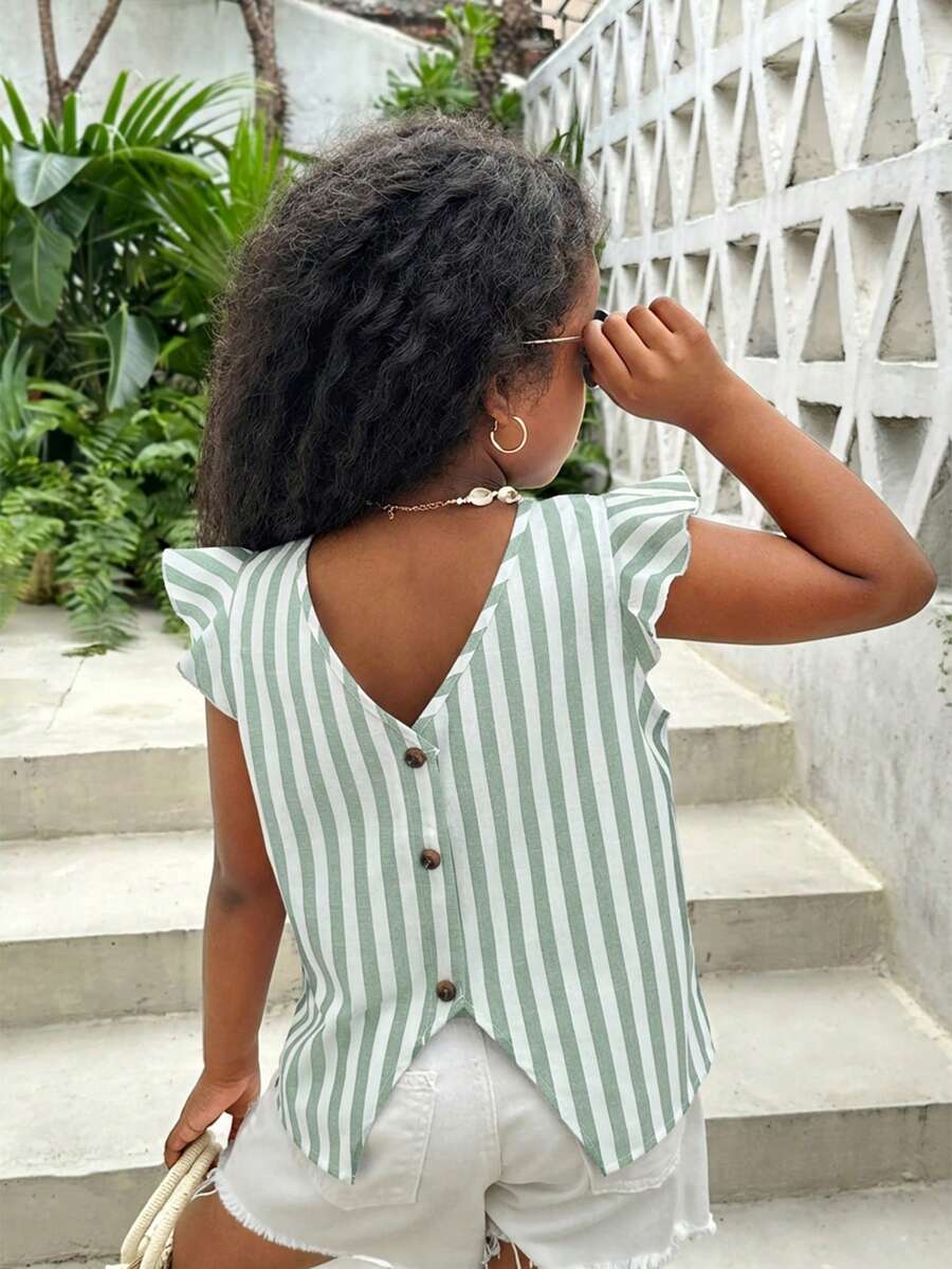 Tween Girls' Striped Cap Sleeve Casual Vacation Shirt, Spring/Summer - Green - View 1