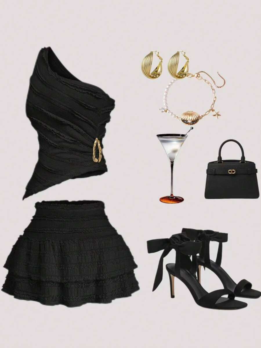 Sweetra 1 Bộ áo crop top không tay màu trắng có khóa thắt lưng và chân váy xếp ly ngắn màu trắng, phong cách tối giản - màu đen - Xem 1