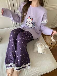 DAZY 2件套毛绒小狗图案宽松长袖T恤和蕾丝拼接蝴蝶结印花长裤睡衣套装，女士秋季款 - 紫色 - 查看 9