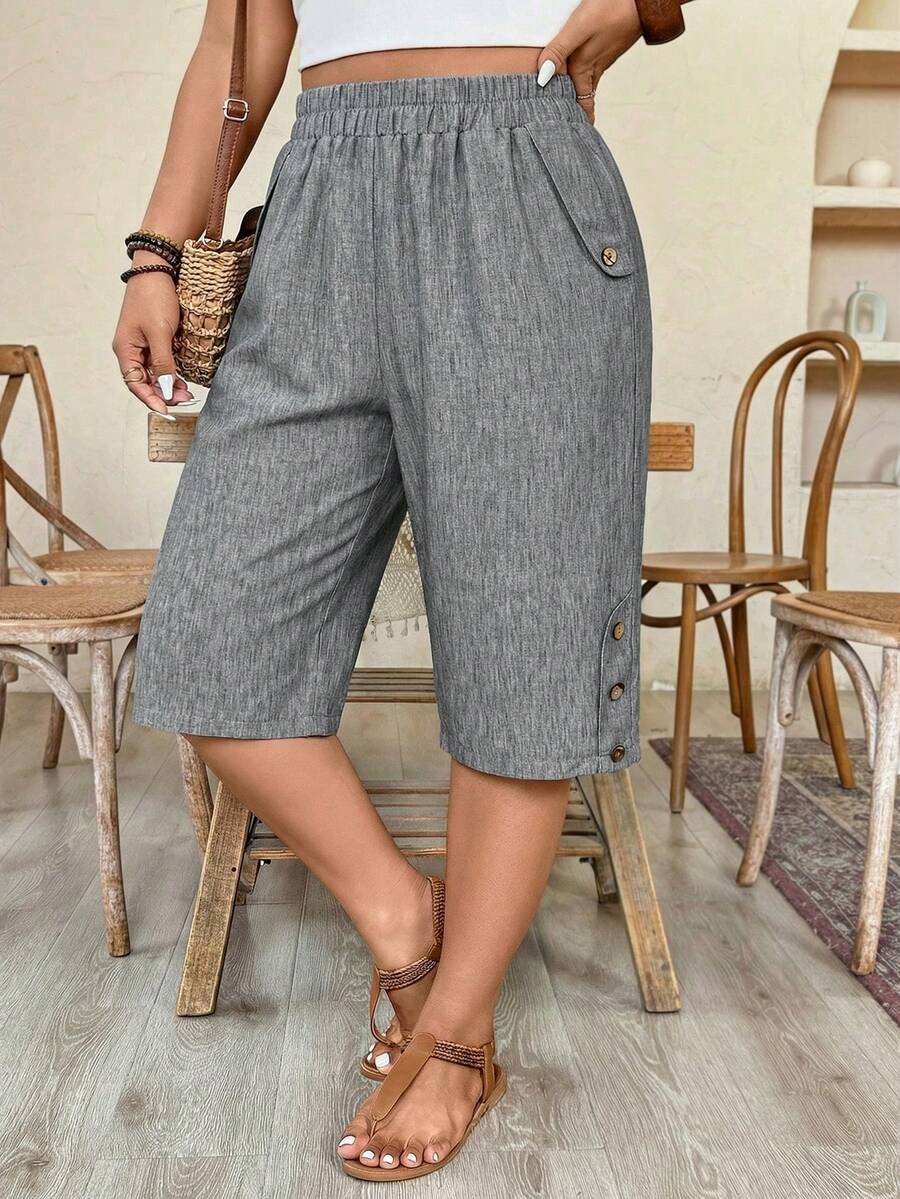 EMERY ROSE Quần short dáng rộng cạp chun, có túi bên hông và trang trí đinh tán. - Xám - Xem 1