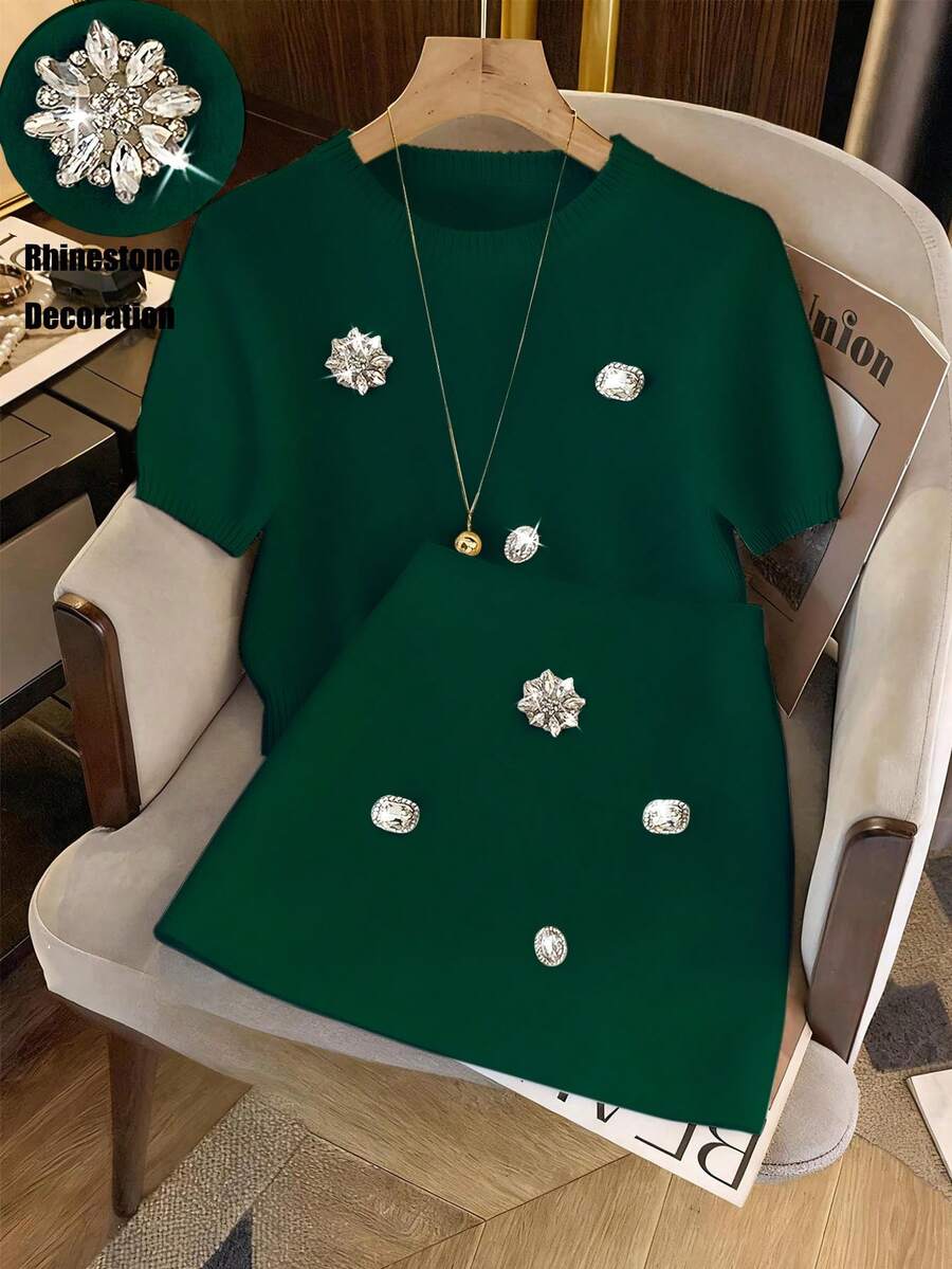 EMERY ROSE Women's Fashion Diamond Decor Short Sleeve Top & Mini Skirt 2 Pieces Set - Dark Green - View 1