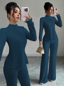 Elenzga 女士休闲长袖T恤长裤两件套，带保暖内衬，秋冬季 - 寶藍色 - 查看 3