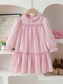 SHEIN Vintaside Kids 女童优雅公主风荷叶边领泡泡袖提花刺绣双层荷叶边下摆宽松公主裙，适合度假、旅行、派对、送礼、春秋季穿着。 - 粉色 - 查看 3