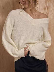 MUSERA Deep V Neck Loose Fit Fluffy Knit Jumper Winter NewYear Cute Sexy Going Out Evening Party Accented - White - View 2